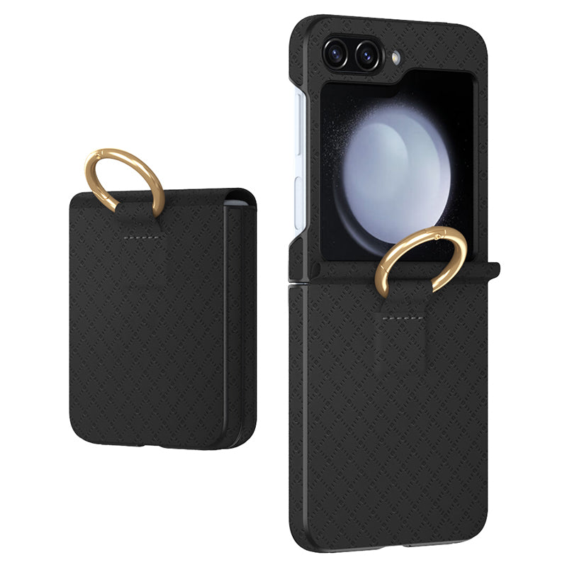 GKK For Samsung Galaxy Z Flip5 5G Hard PC PU Phone Case Grids Imprinted Slim Phone Cover with Ring Finger Holder GKK For Samsung Galaxy Z Flip5 5G Hard PC PU Phone Case Grids Imprinted Slim Phone Cover with Ring Finger Holder